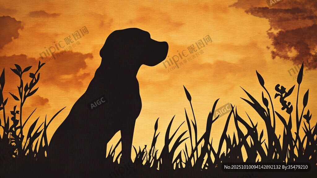 夕阳下的狗狗剪影