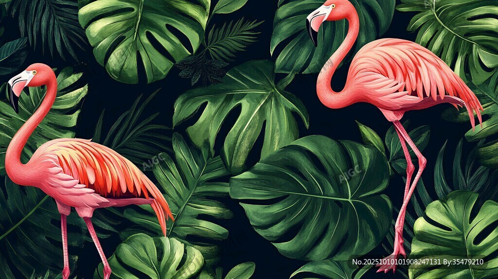 火烈鸟与热带绿叶插画