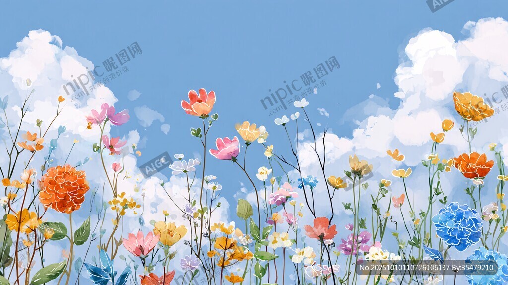 蓝天白云下的缤纷野花