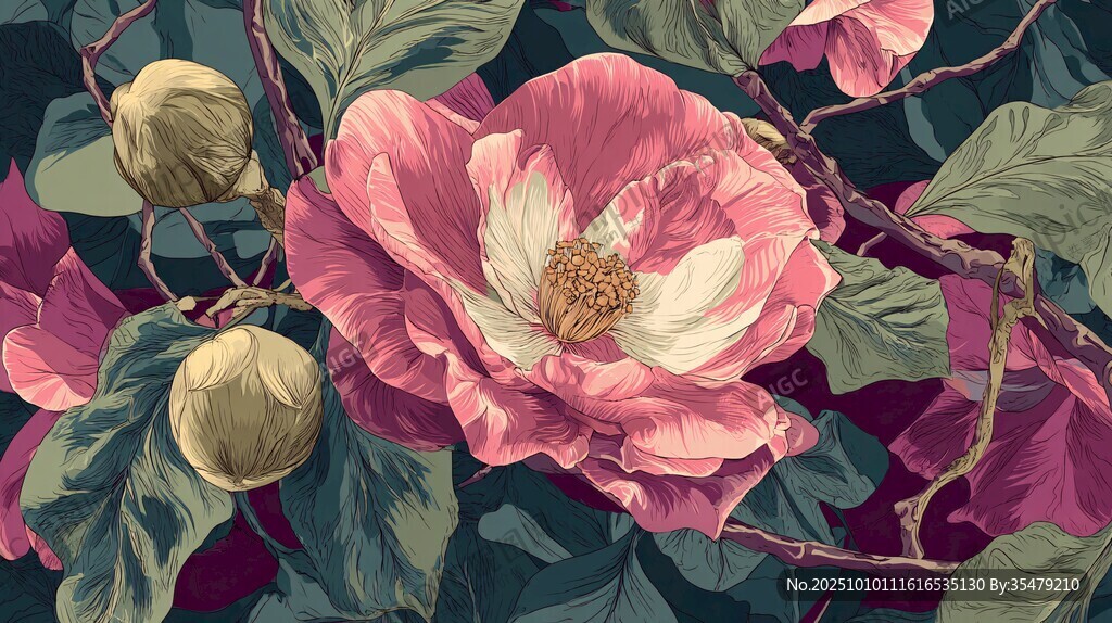 复古风粉色花卉植物图案