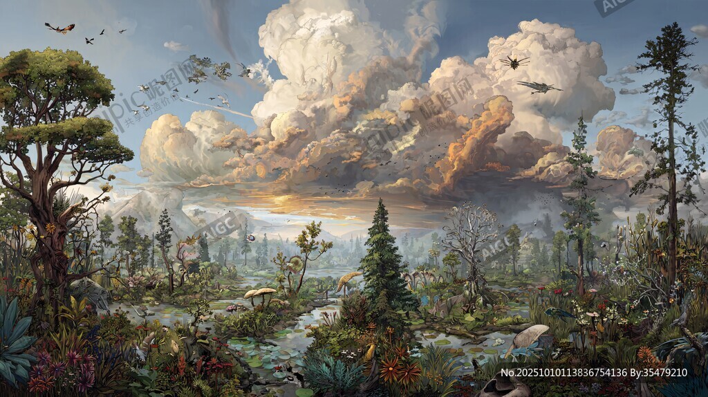 奇幻森林中的壮丽天空景观