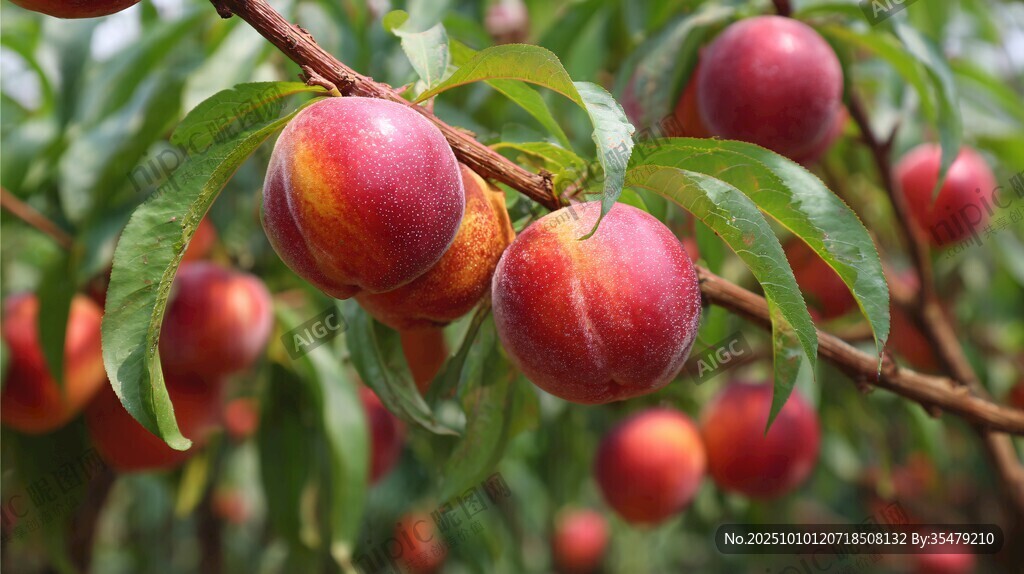 枝头硕果累累的鲜嫩桃子