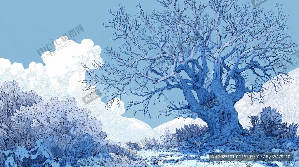 冬日旷野的孤独老树