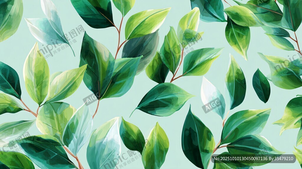 清新绿叶水彩图案背景