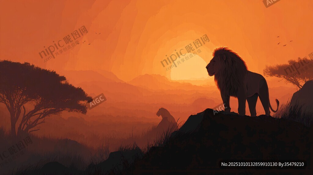 日落草原上的雄狮剪影