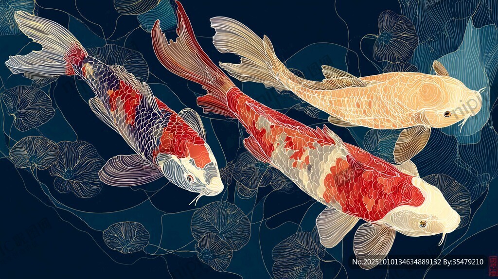 三条锦鲤畅游于荷塘间