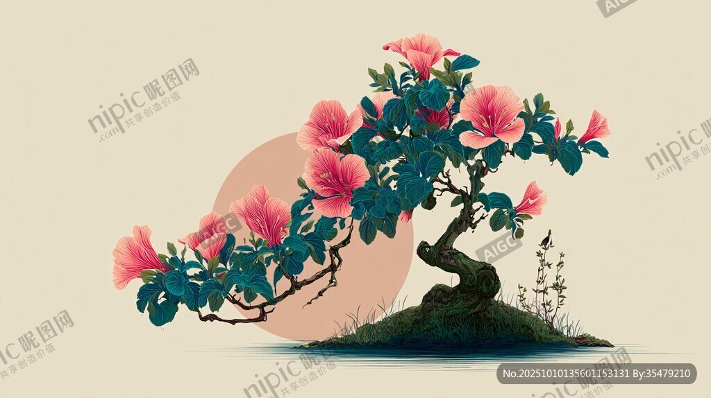 中式风盛开的盆景花卉