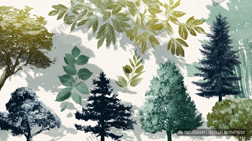 多样树木与枝叶插画