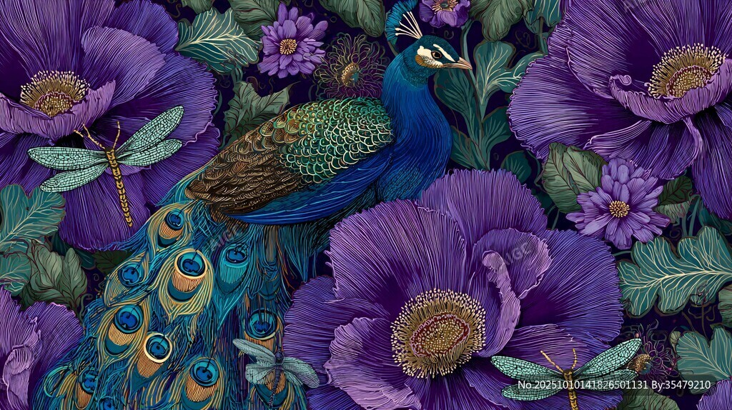 紫花间的孔雀与蜻蜓