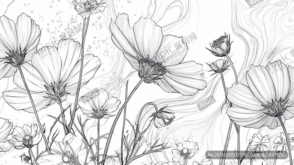 黑白线条勾勒的美丽花卉