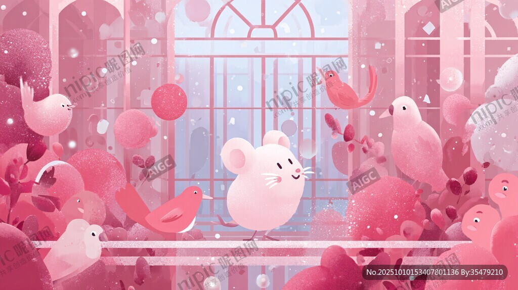 粉色梦幻中可爱小鼠与飞鸟