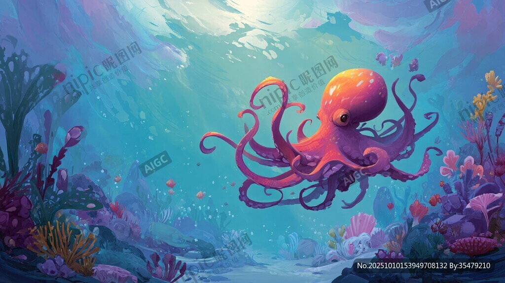 梦幻海底的多彩章鱼