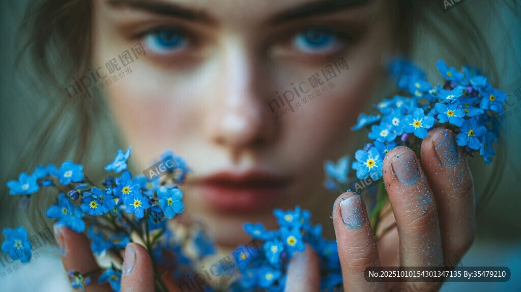 蓝眸少女与蓝色小花