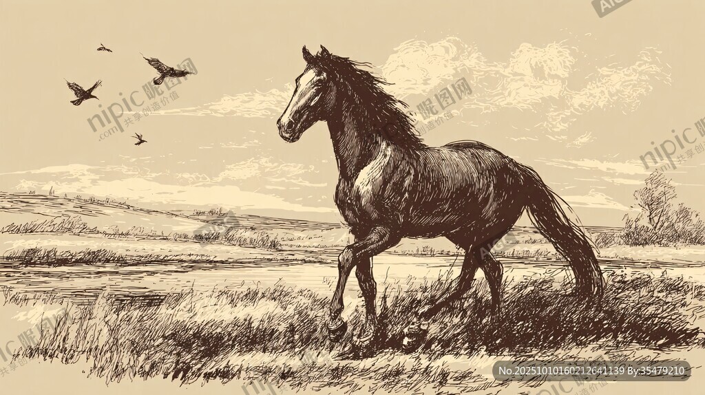 草原骏马与飞鸟的悠然图景