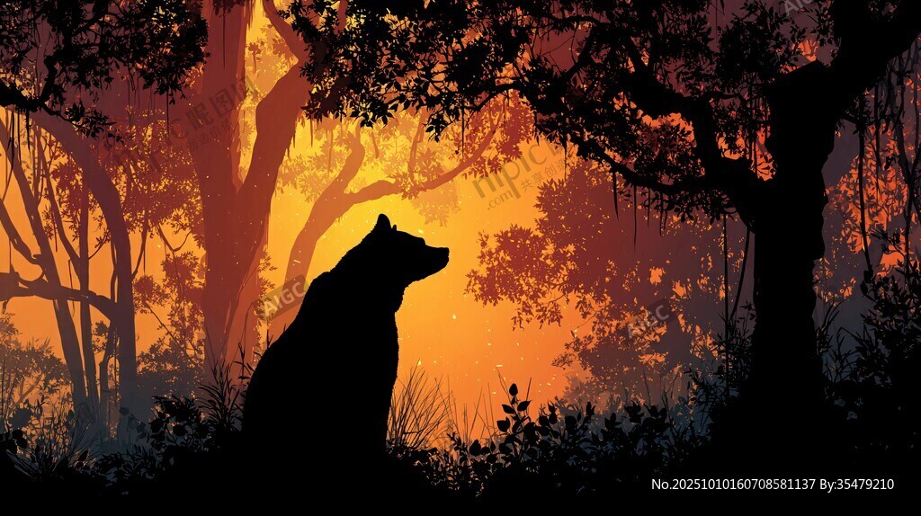 黄昏森林中的孤独狼影