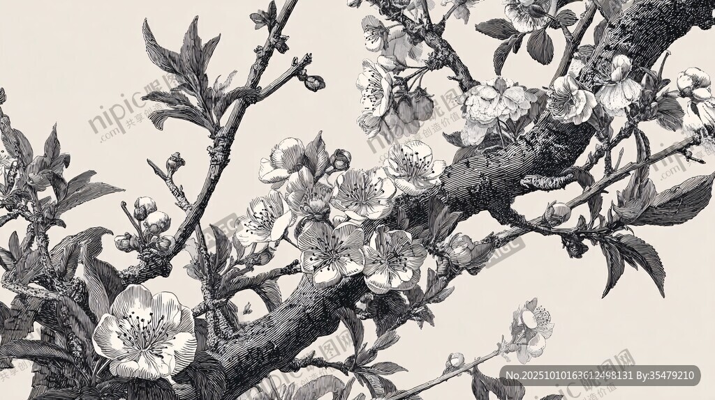 黑白花卉枝头图