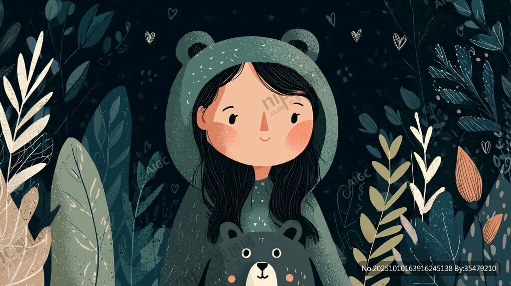 森林中的小熊装小女孩