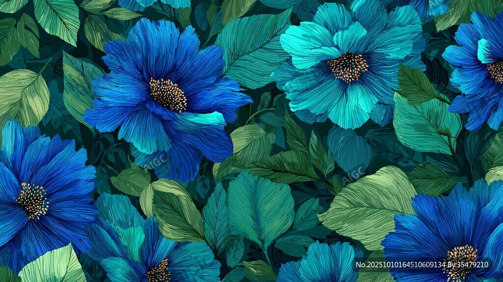 蓝花绿叶无缝花卉图案