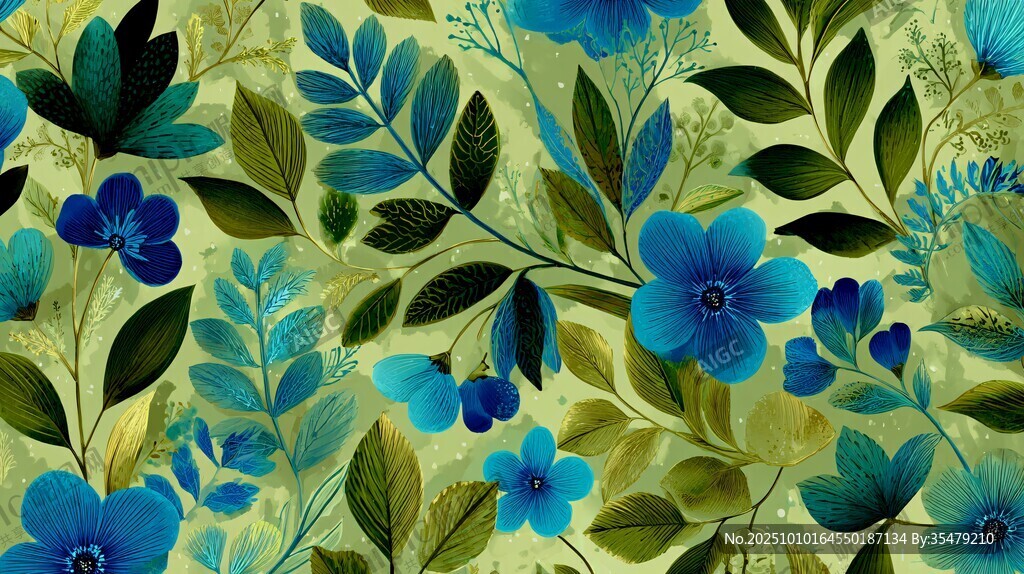 蓝绿花卉植物图案背景