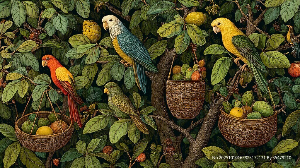 鹦鹉栖果枝 绘梦幻丛林景