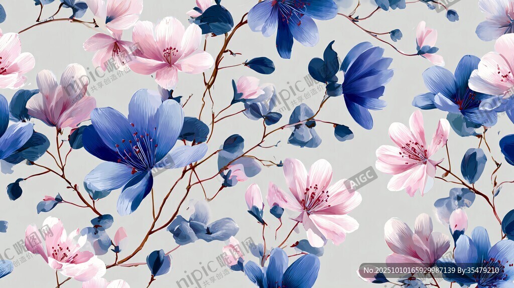 蓝粉花卉无缝图案背景