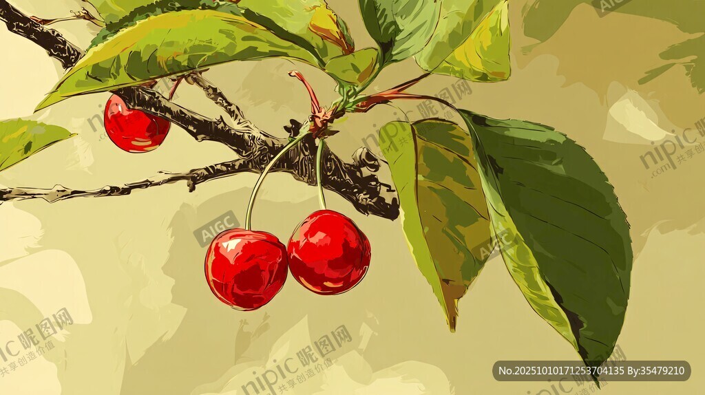 枝头红樱桃 绿叶相映衬