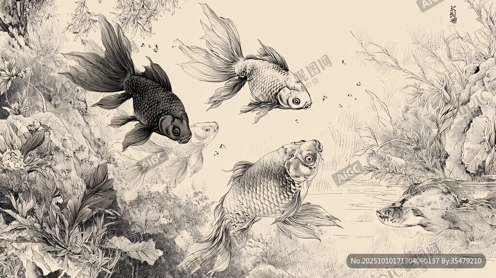水墨风金鱼水中嬉戏图