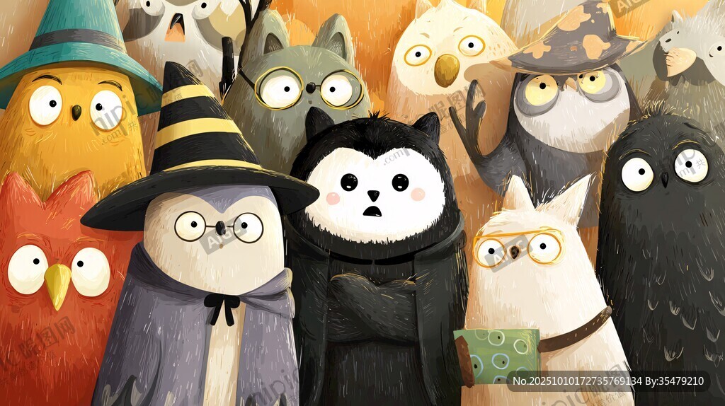一群萌趣猫头鹰的奇幻聚会