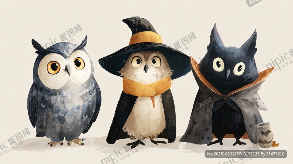 三只萌态猫头鹰的魔法装扮