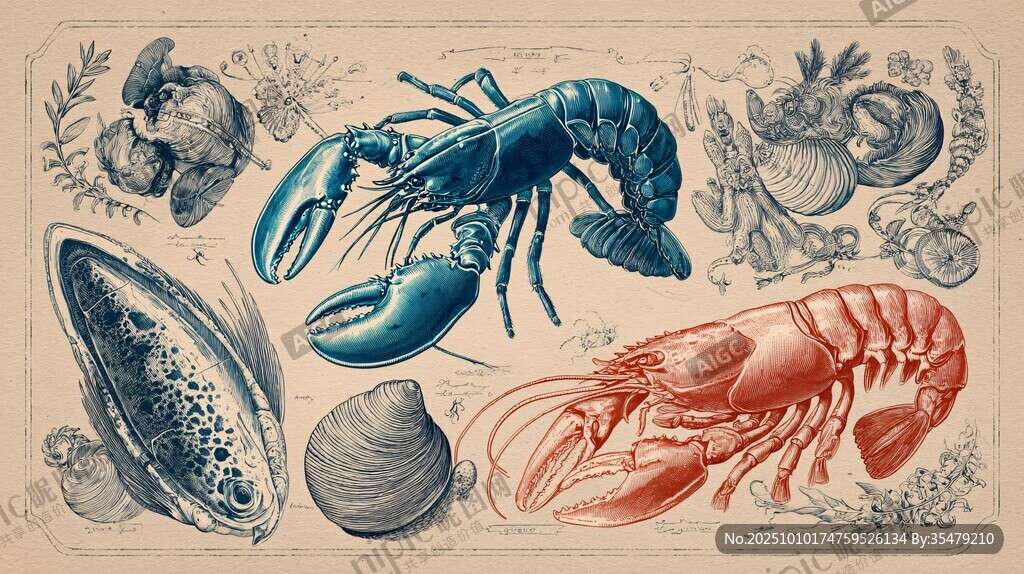 复古风海鲜插画展示