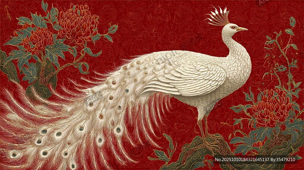 红底白孔雀与花卉图案