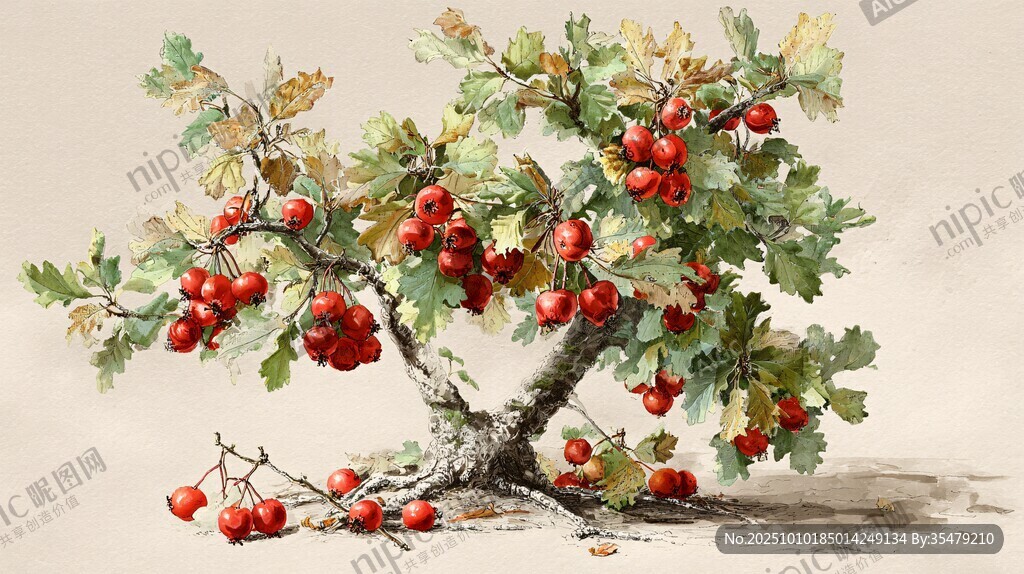 手绘枝头红果绿叶景致