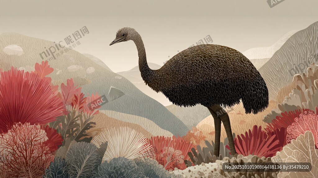 荒野中的鸵鸟与多彩植物