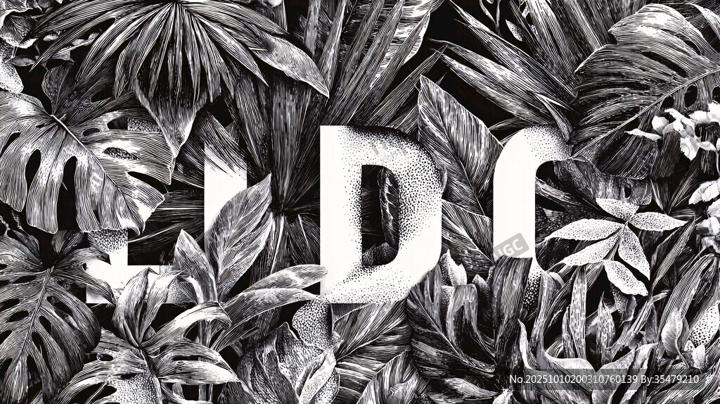 黑白植物环绕的字母图案
