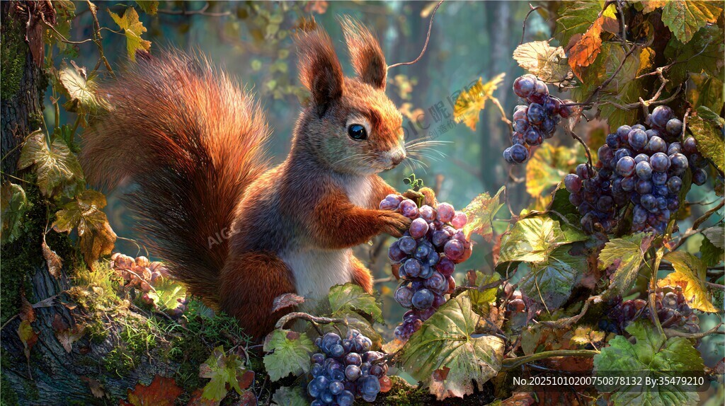 松鼠在葡萄藤间享受美味