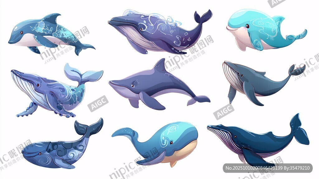 可爱多彩鲸鱼插画集合