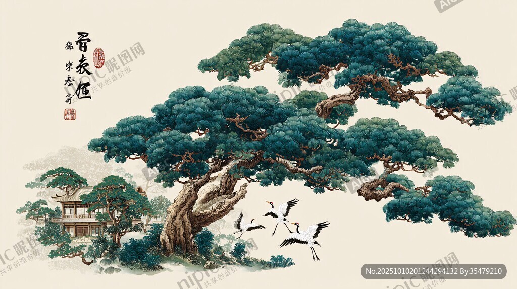 迎客松国画 鹤舞山林间