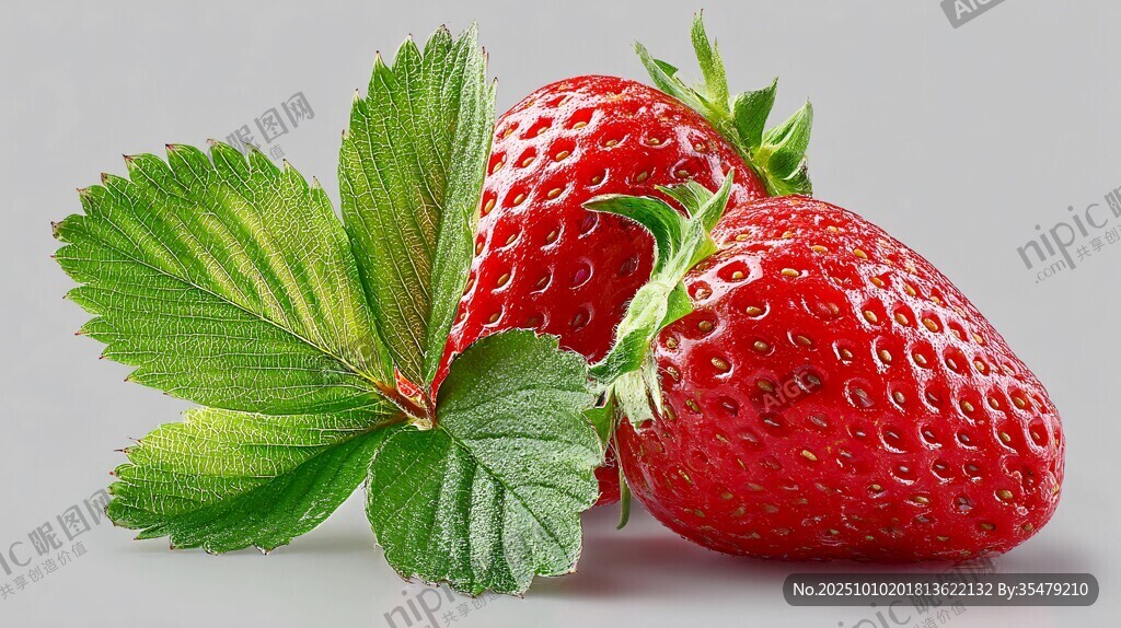 新鲜诱人的红草莓与绿叶