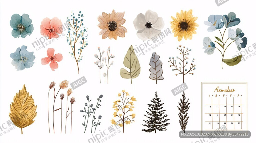 手绘花卉植物元素集合