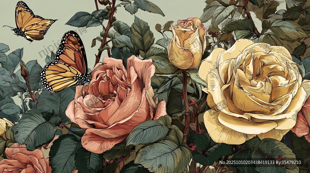 玫瑰丛中双蝶舞