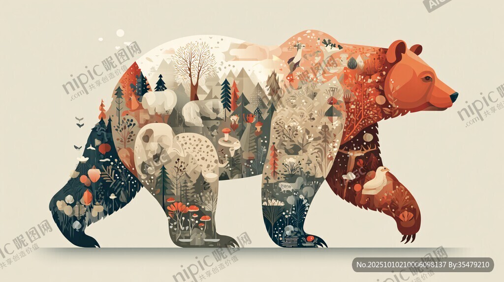 熊形森林景观插画
