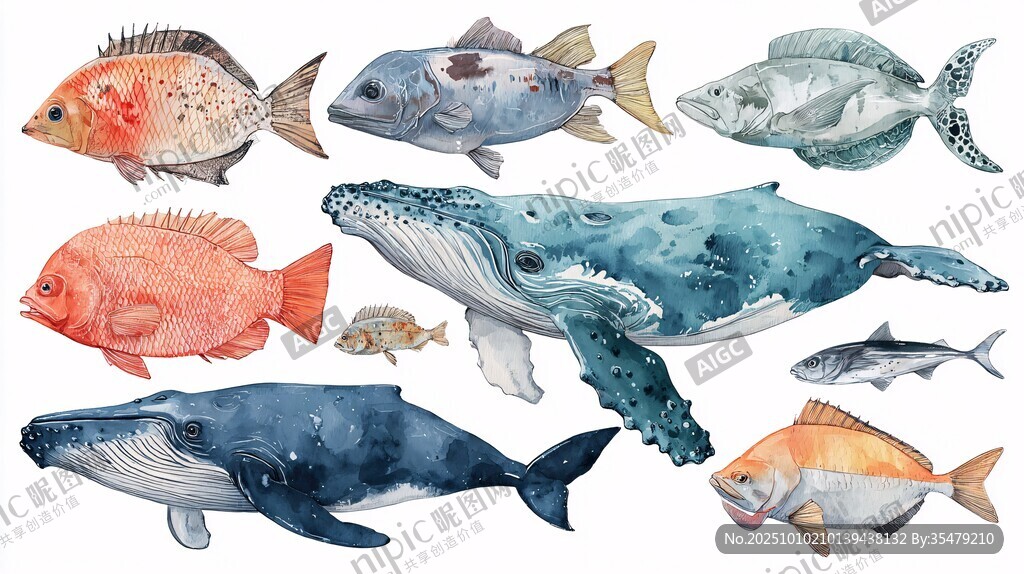 水彩海洋鱼类与鲸鱼插画