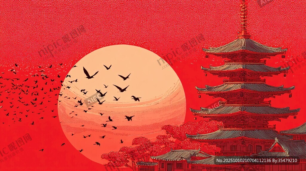 夕阳古塔飞鸟中式美景