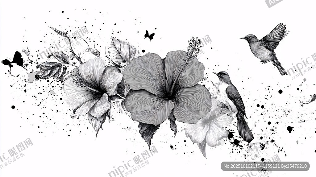 黑白花卉飞鸟艺术插画