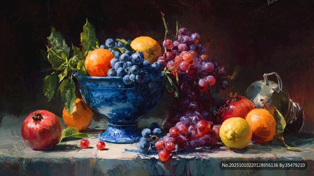 蓝碗中的缤纷水果静物画