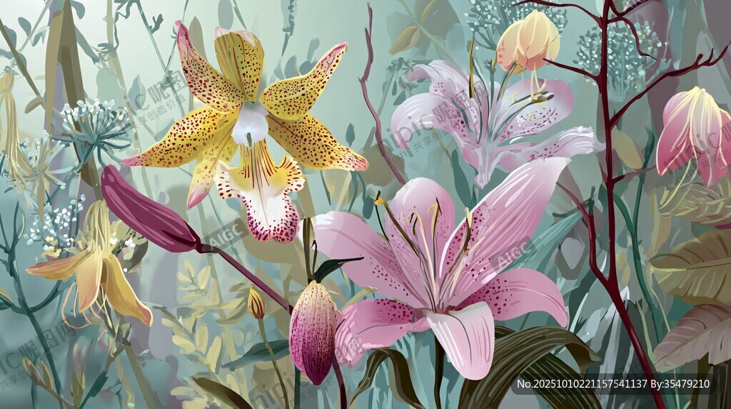 梦幻花卉丛林插画