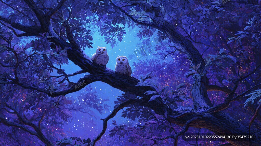 夜林中的双猫头鹰梦幻景象