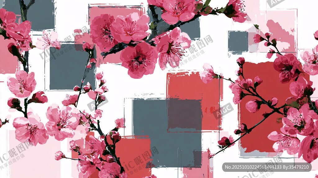 粉色花枝与色块抽象图案
