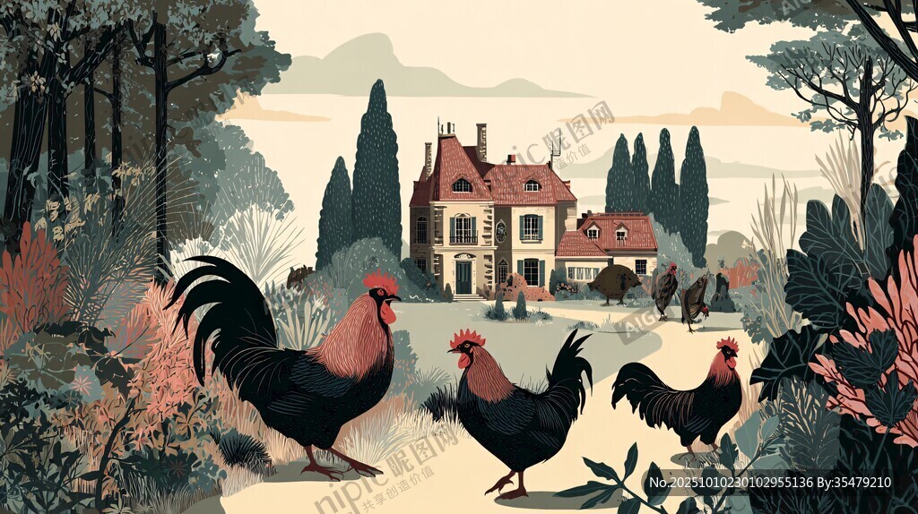 乡村田园中的公鸡与庄园