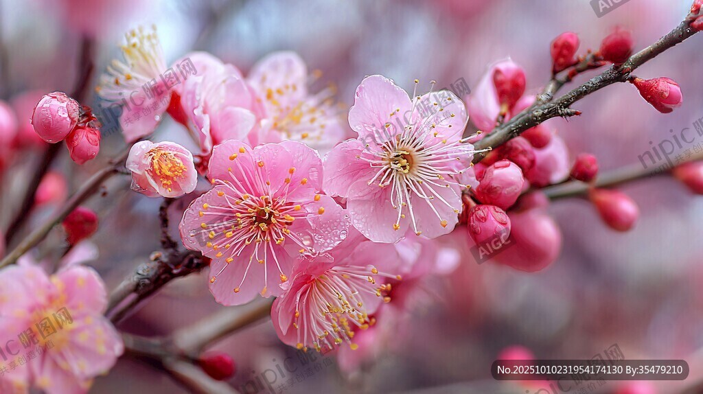 娇艳绽放的粉嫩梅花枝